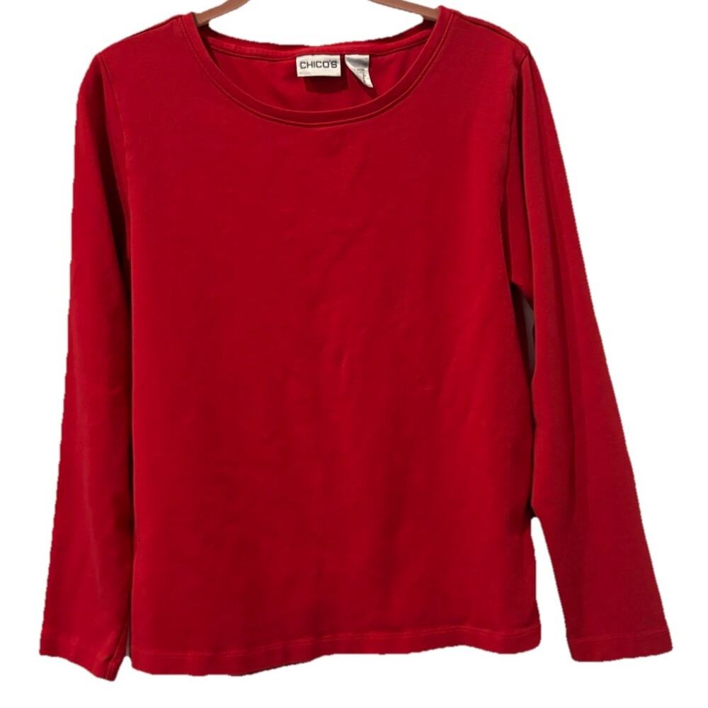 Chico’s Tee Shirt Red Round Neck Long Sleeve Top Size 2 (L) 98% Cotton